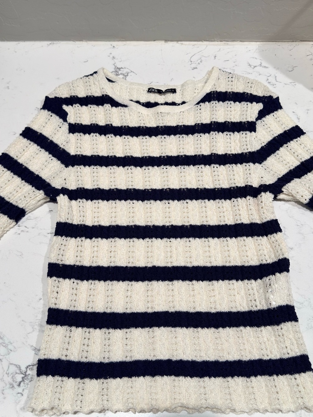 Zara Navy and Cream Striped Crewneck Sweater
